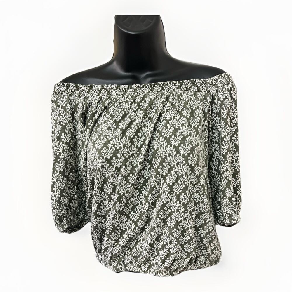 LOFT Olive Green Off Shoulder Elastic Hem Blouse White Print Women’s XS
